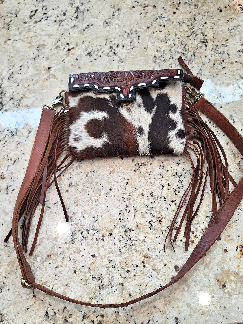 Montana West Genuine Leather Tooled Fringe Crossbody Bag Brown & White